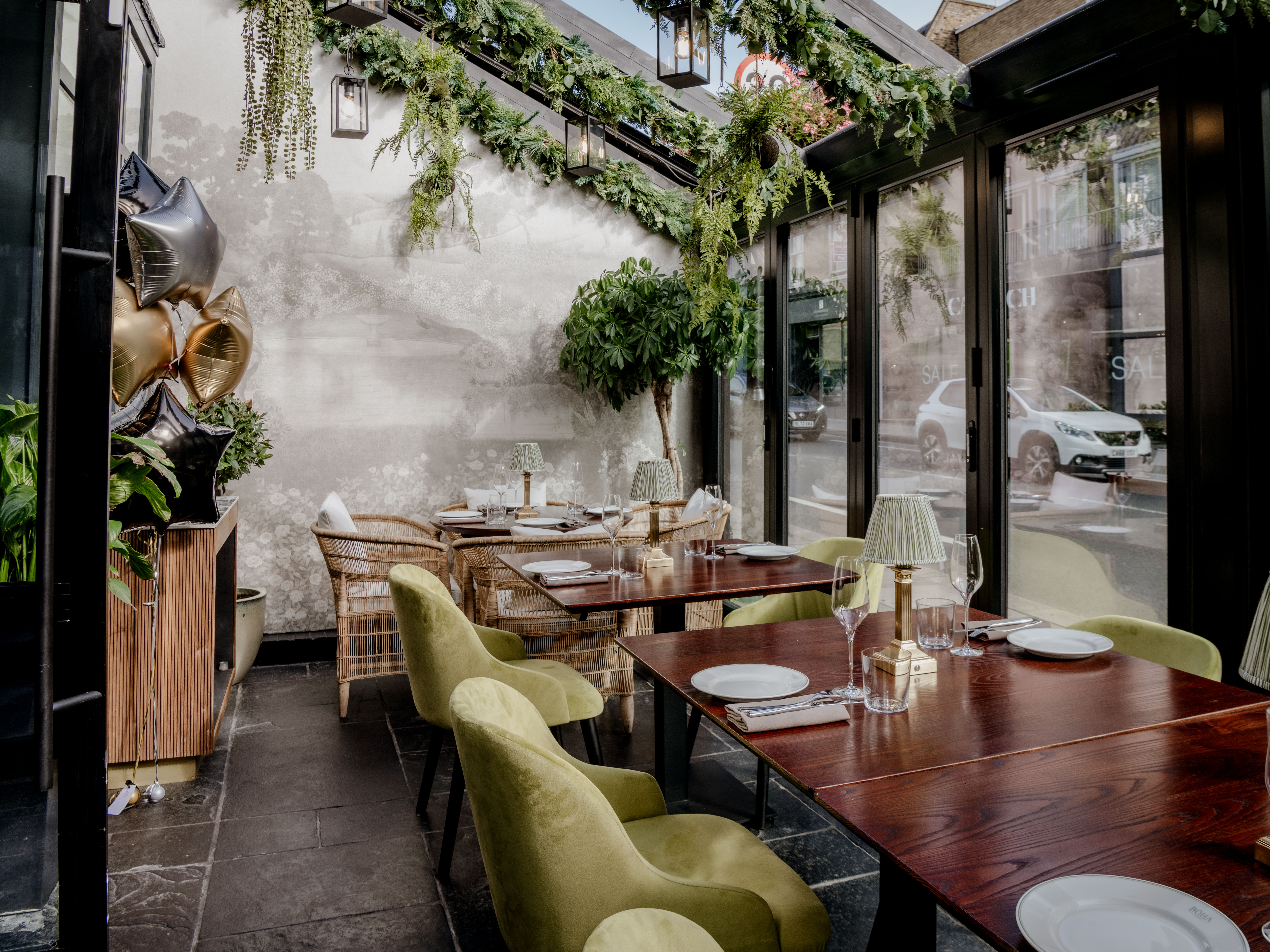 Stylish dining space at The Terrace in BÓHA London for events and gatherings.