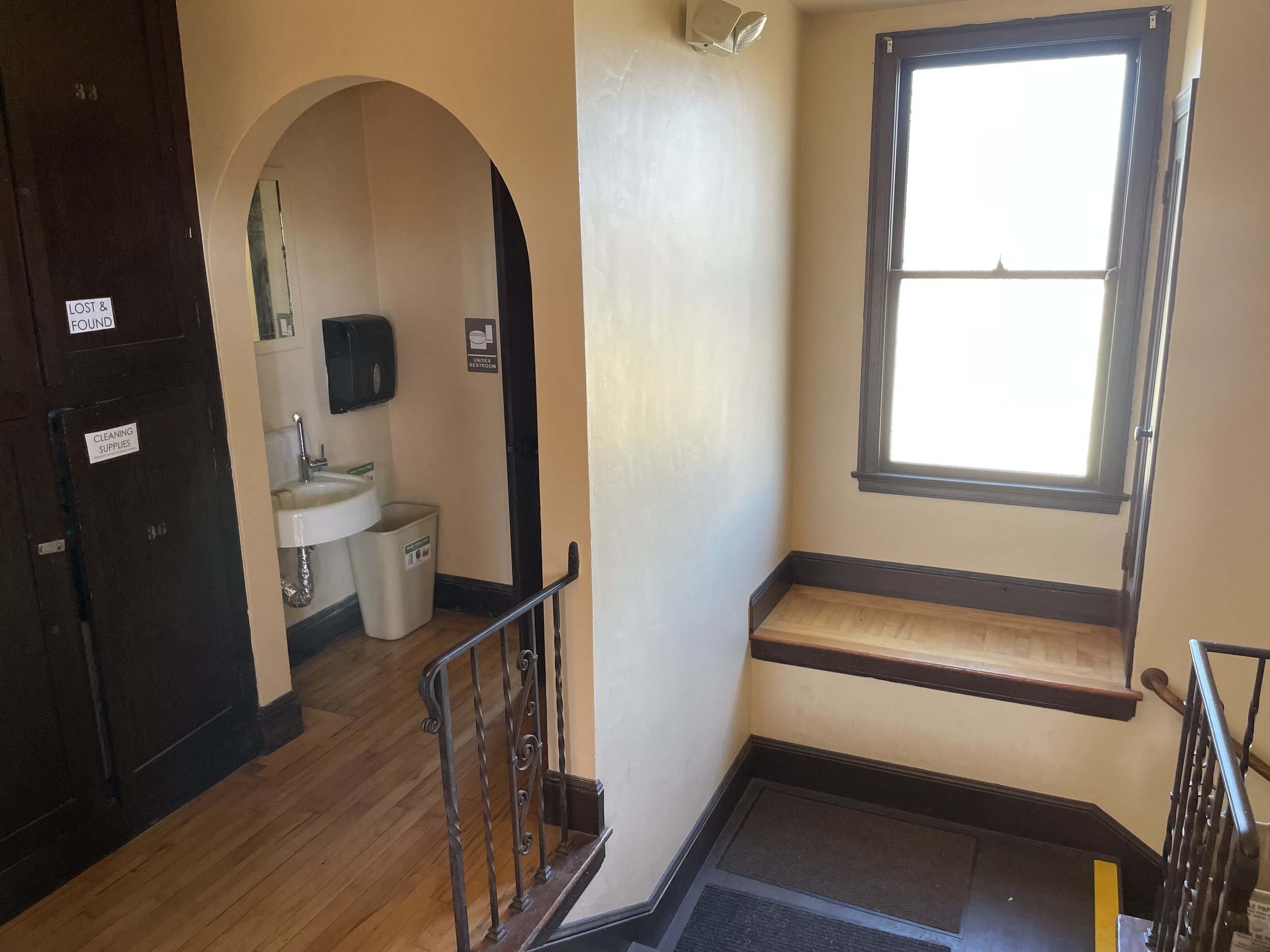 Meeting room restroom at Finnish Hall with sink, ideal for events and gatherings.