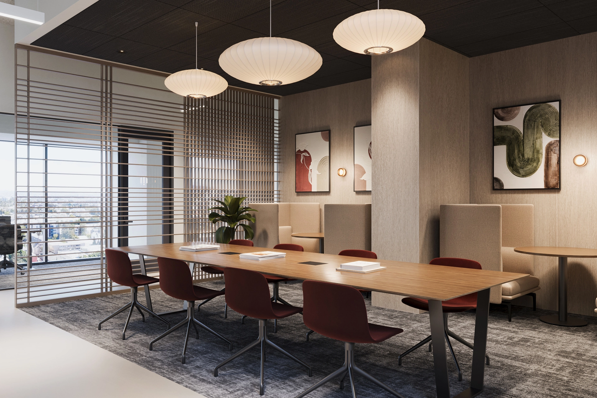 Modern meeting space with wooden table and natural light for collaboration events.