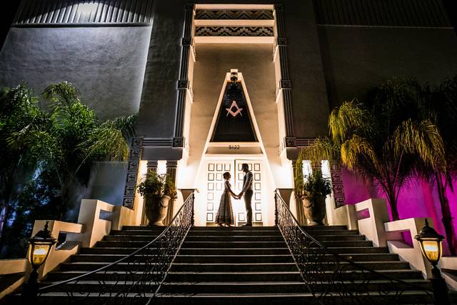 Elegant Bella Blanca Events patio with dramatic lighting, perfect for upscale weddings and galas.