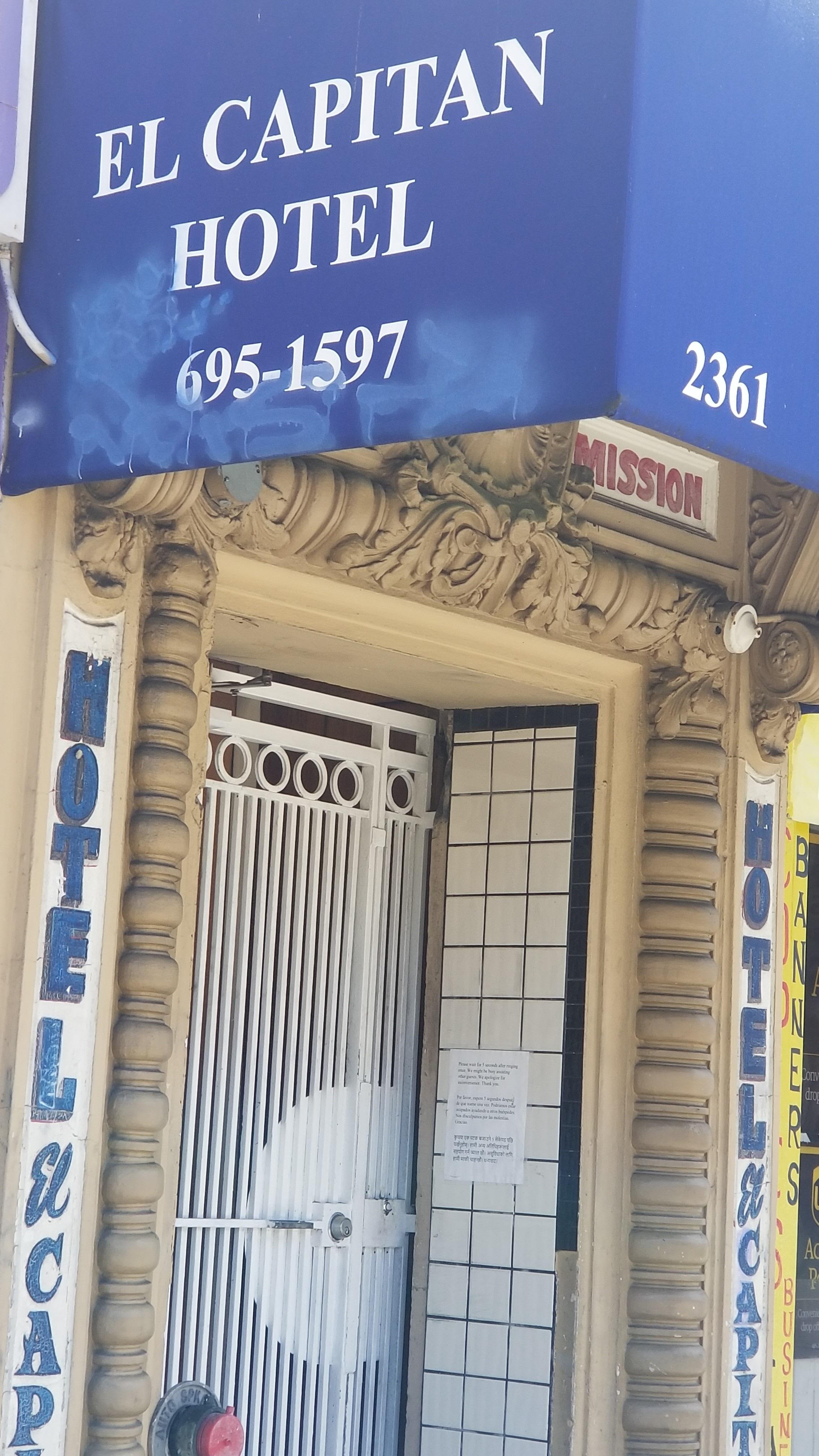 Historic El Capitan Hotel entrance with ornate architecture for events and gatherings.