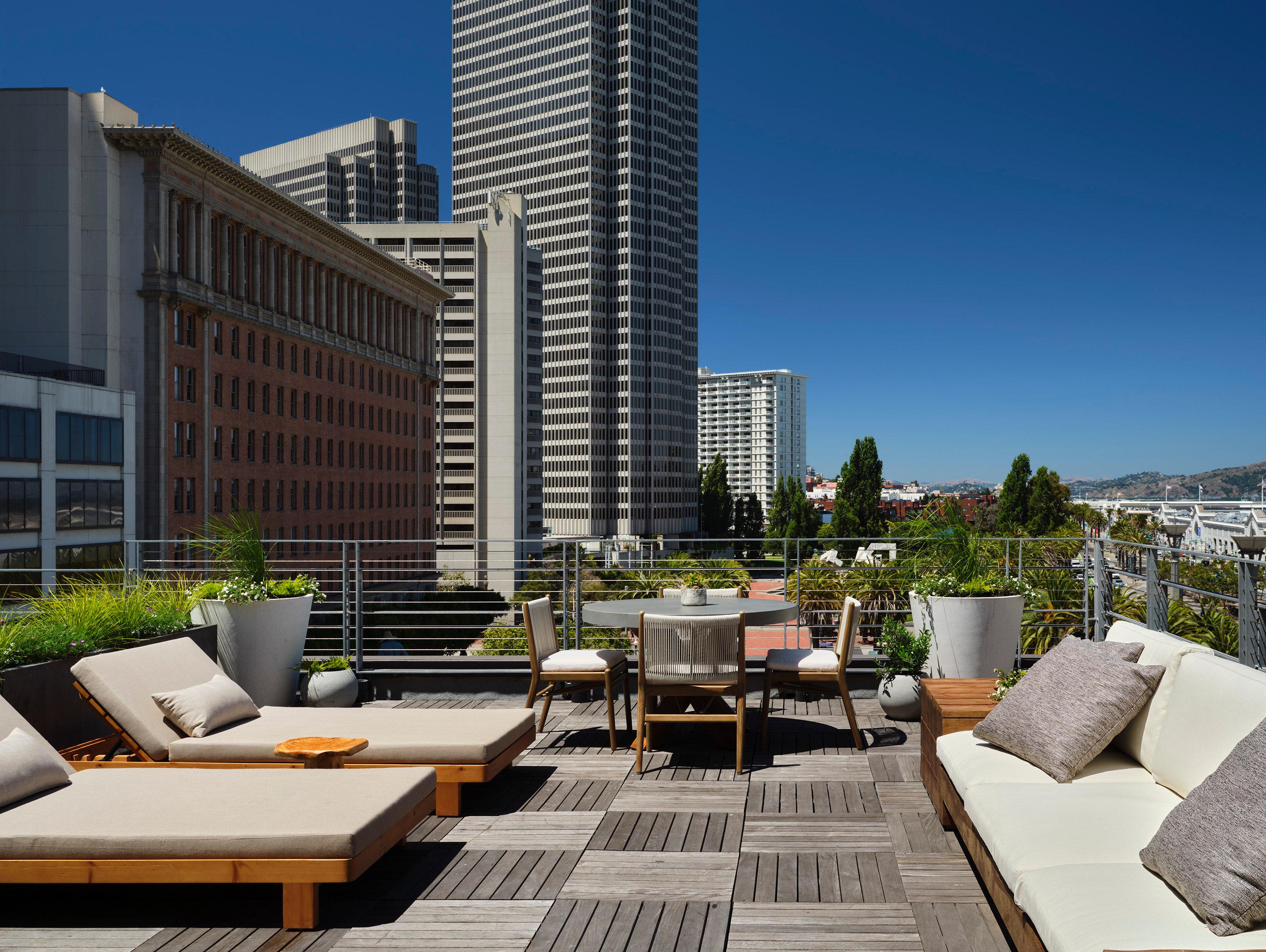 Stylish rooftop terrace at El Capitan Hotel, perfect for outdoor events and gatherings.