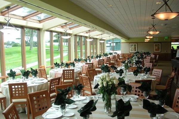Elegant function room at Lake Merced Boathouse, perfect for events and dining.