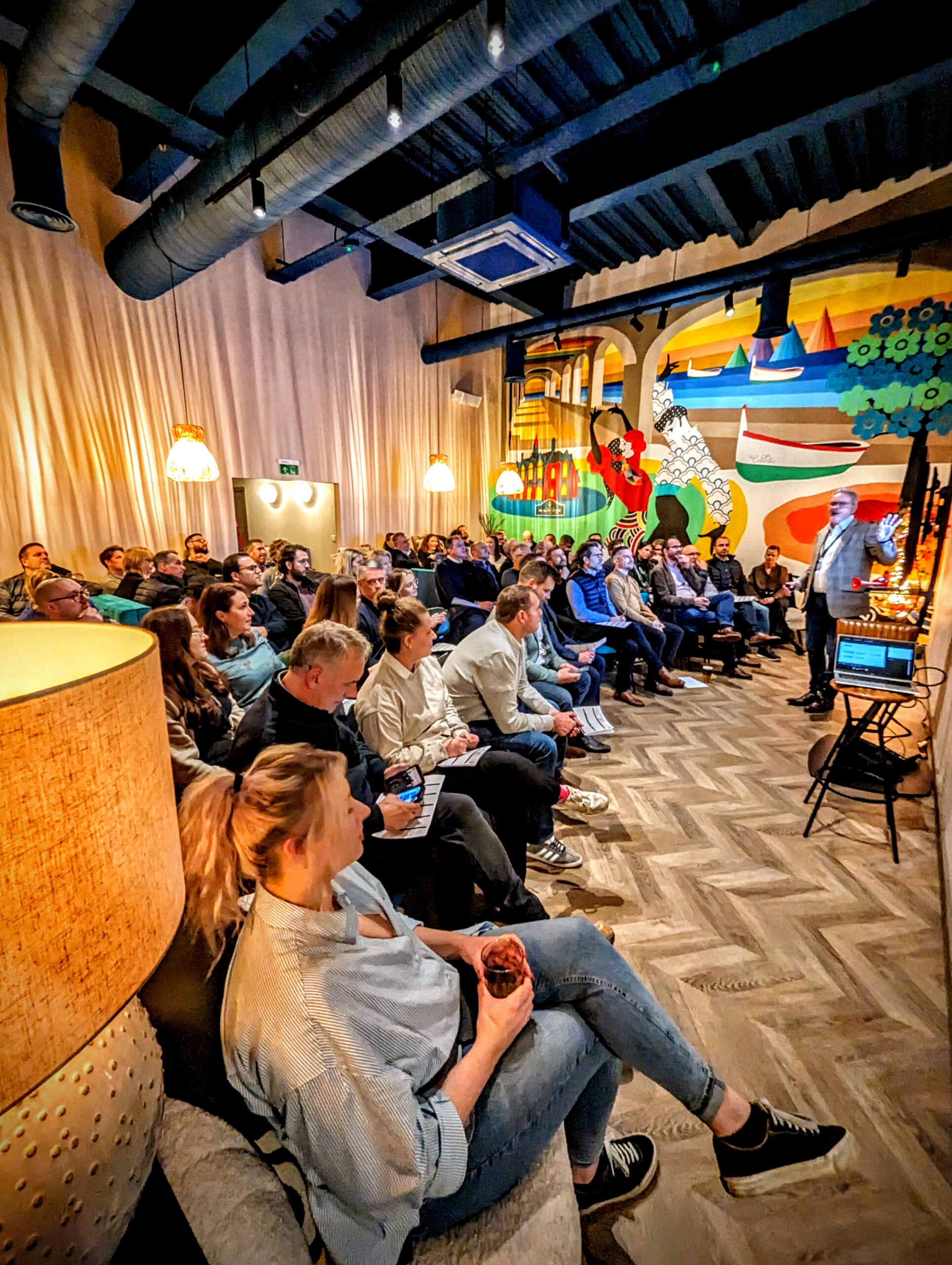 Private Hire Area in Salty Olive with engaging speaker at a networking event.