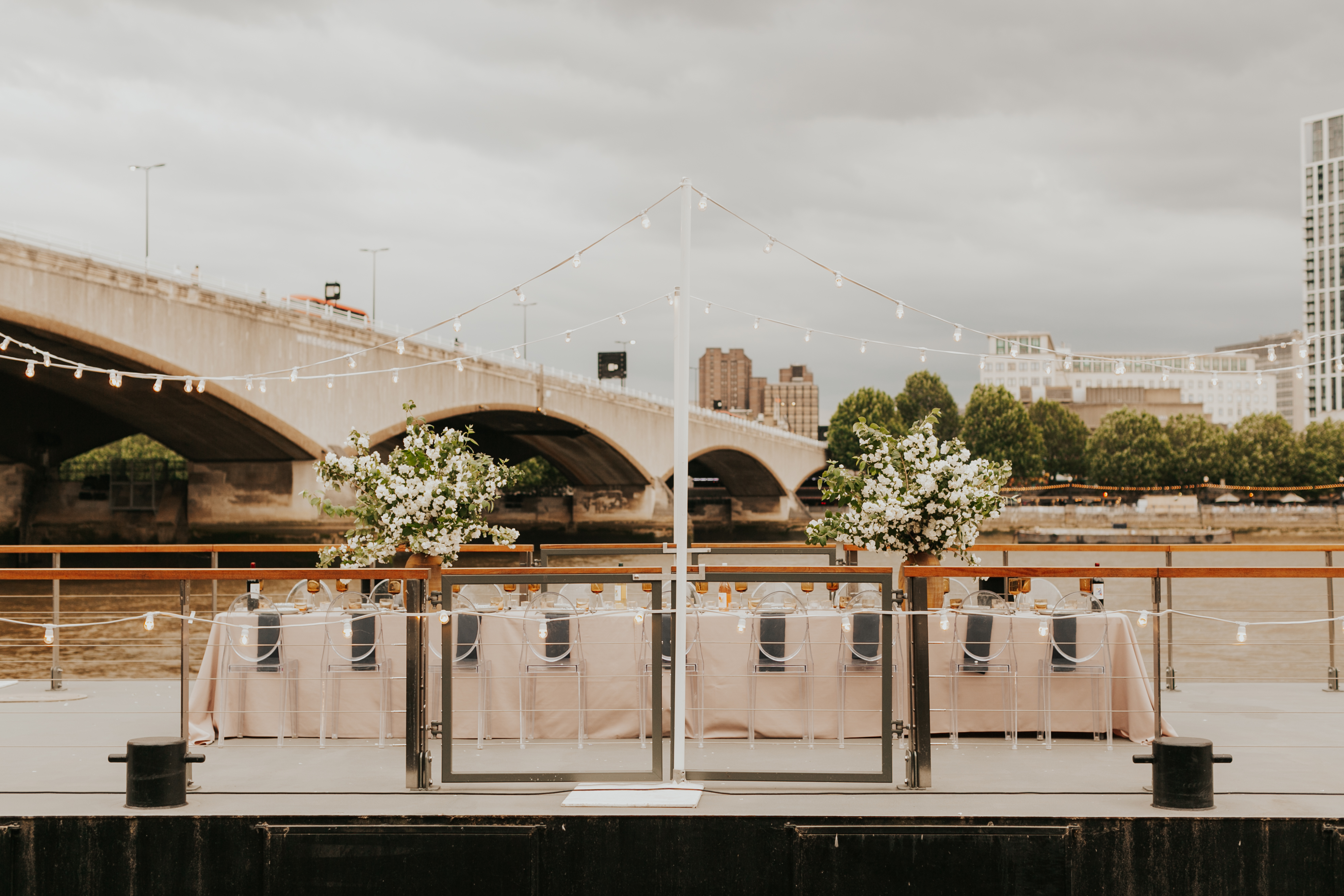 Woods Quay outdoor event space with elegant tables, ideal for gatherings and corporate events.