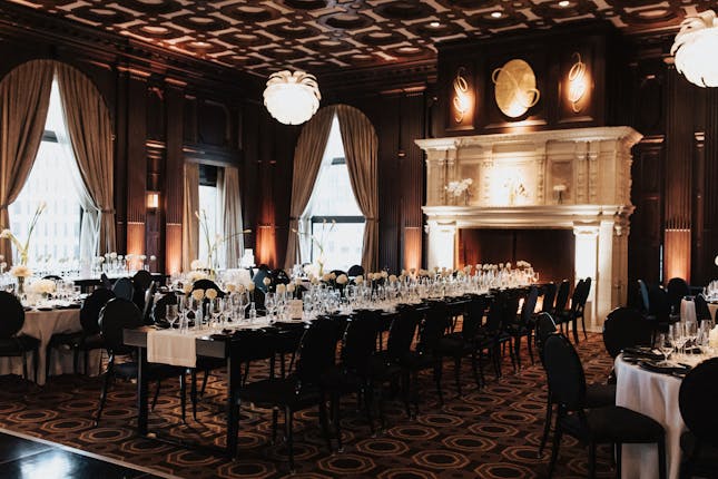 Elegant banquet setup in Julia Morgan Ballroom, ideal for formal dinners and corporate events.