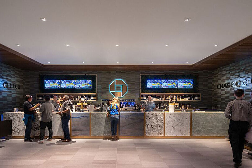 Top floor event space at Chase Center with modern bar, ideal for networking events.