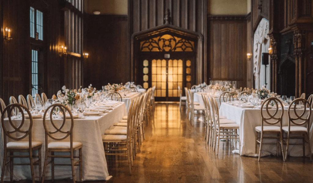 Great Hall in Kohl Mansion, elegant banquet setup for weddings and corporate events.