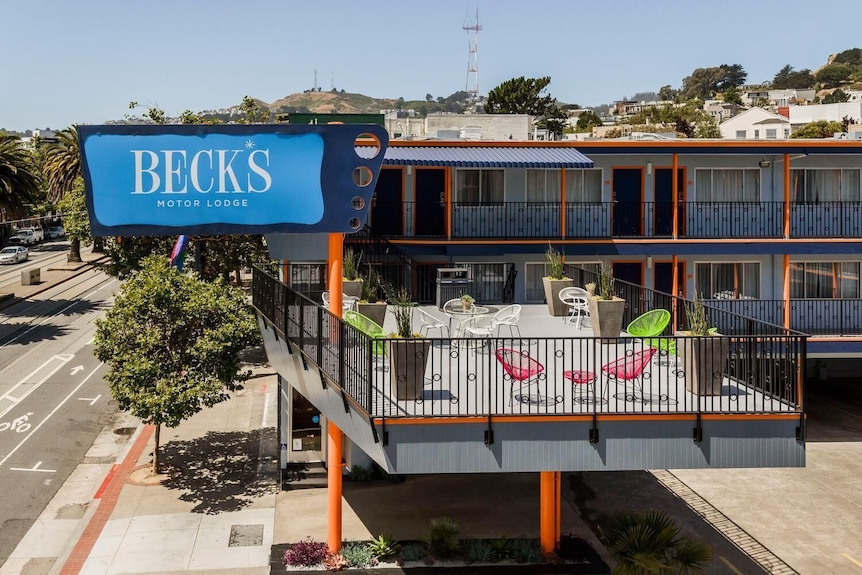 Vibrant Beck's Motor Lodge with modern terrace, perfect for casual meetings and events.