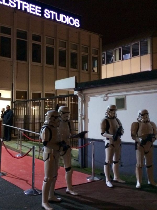 Elstree Studios event with Stormtroopers and red carpet for a glamorous gathering.