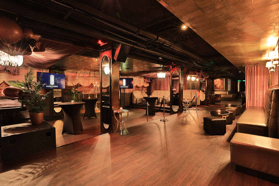 Main Room at Hawthorn SF: modern lounge with ambient lighting for events and parties.