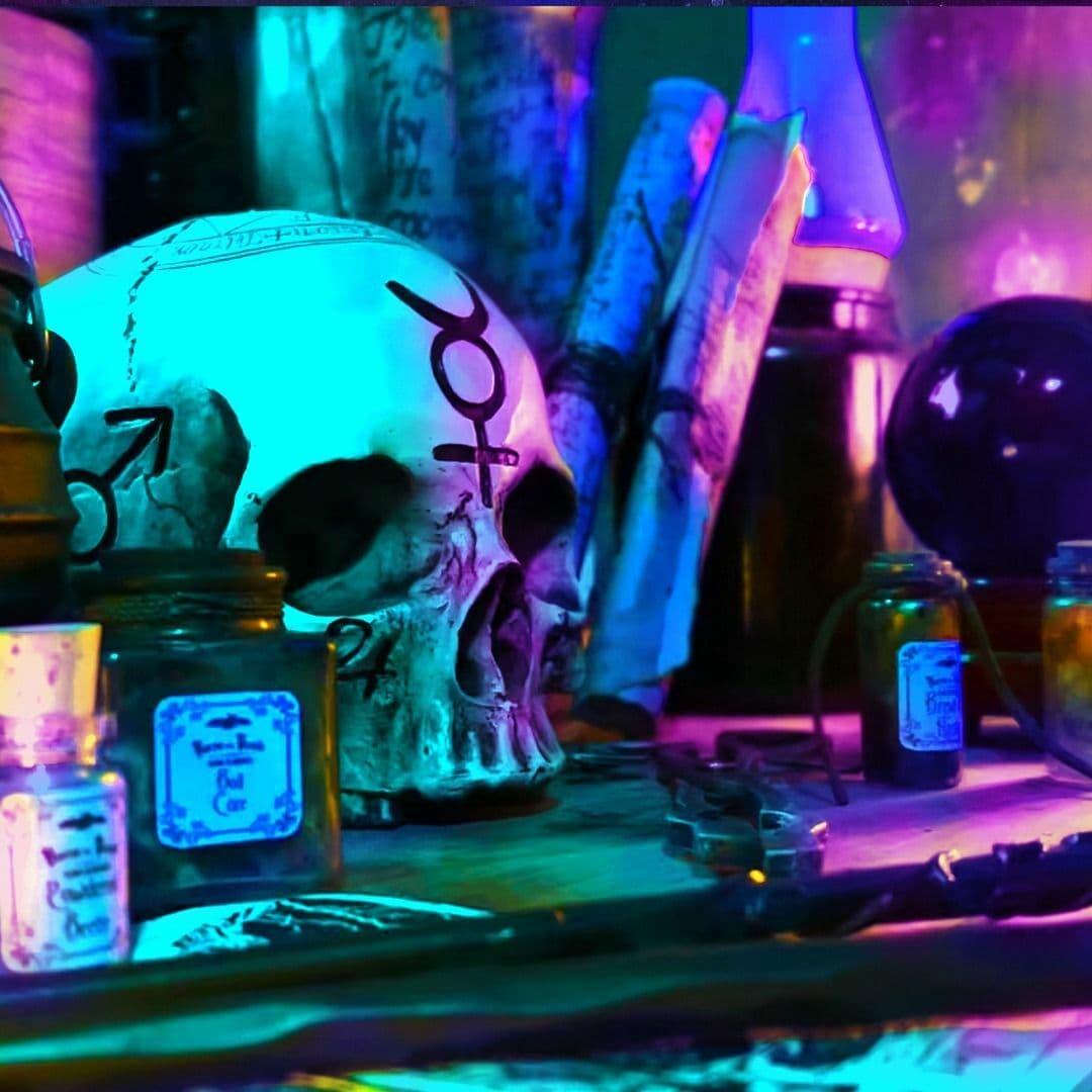 Black Jack table with skull props for Halloween themed party at Houdini's After Dark Bar.