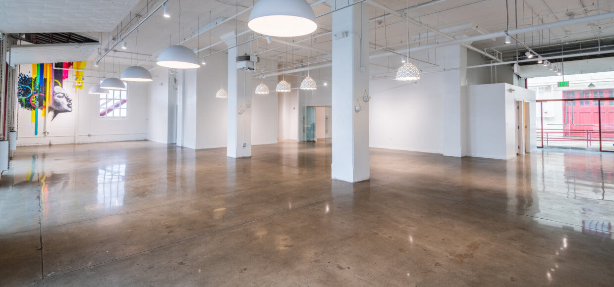 Fort Mason Center event venue with polished concrete floors, ideal for meetings and workshops.