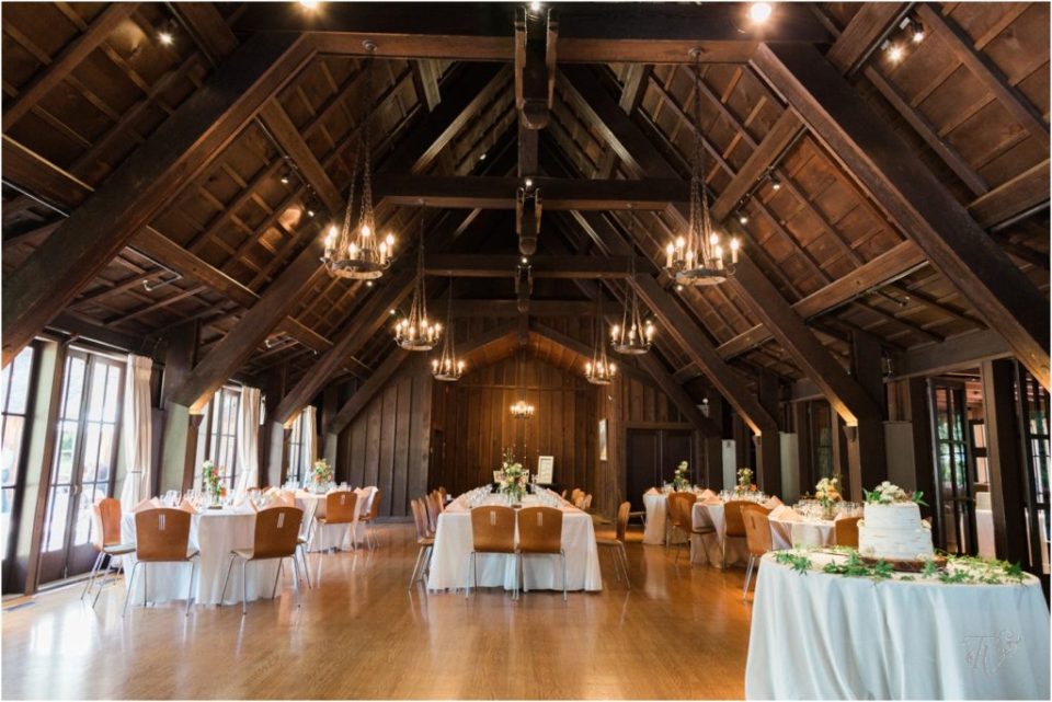 Reception Hall at Outdoor Art Club with wooden ceilings, perfect for weddings and events.