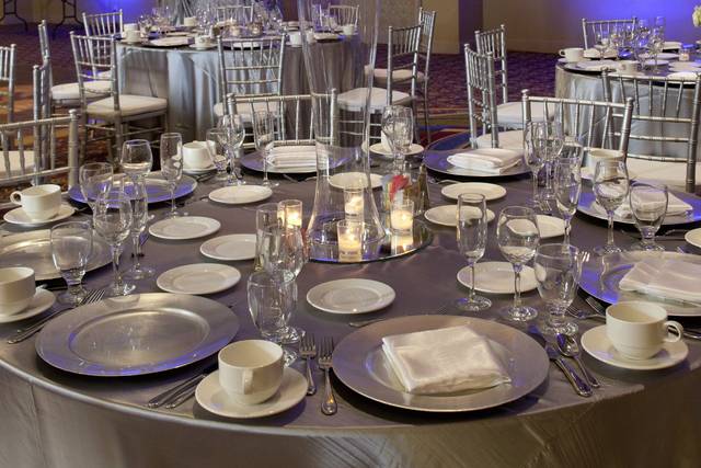 Elegant wedding banquet table setup at Norwalk's Whittier Hall Rental.