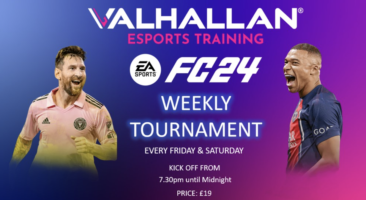 Valhallan Esports Training flyer for weekly tournament featuring popular players.
