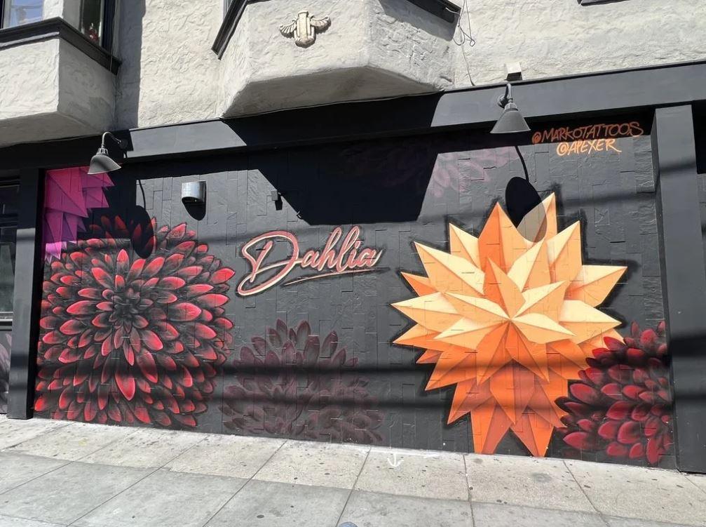 Vibrant flower mural in DAHLIA LOUNGE SF, perfect for creative events and photos.