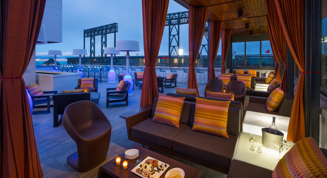 Stylish rooftop lounge at Hotel VIA, perfect for upscale events and gatherings.