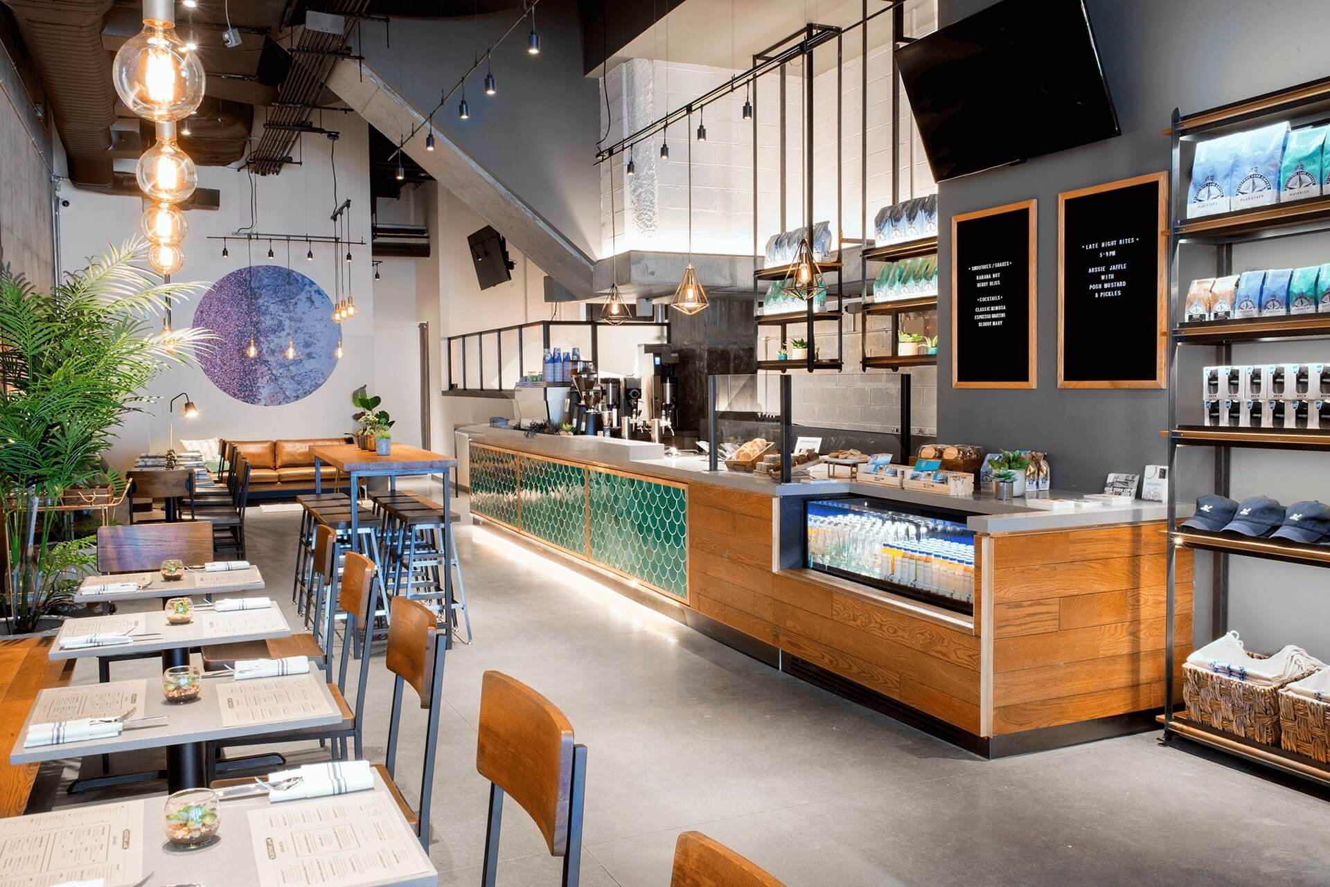 Modern café in Studio City, ideal for informal meetings and events with natural light.