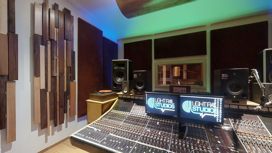 Control Room at Light Rail Studios, sleek design for audio events and workshops.