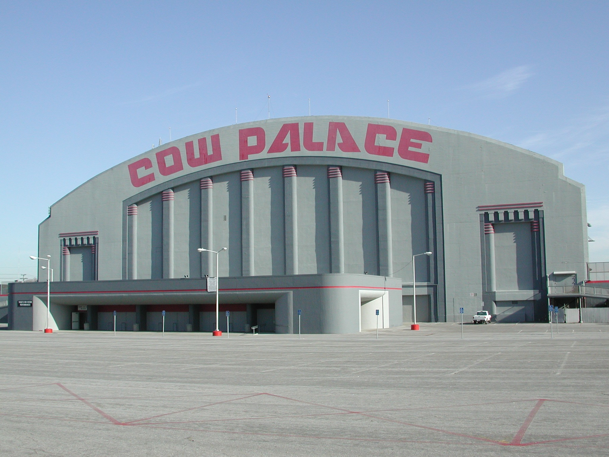 Cow Palace Arena exterior, versatile venue for concerts and trade shows.