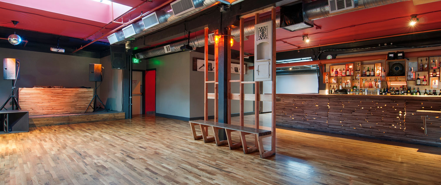 Versatile event space with polished wood floor for meetings and receptions in Public Works SF.