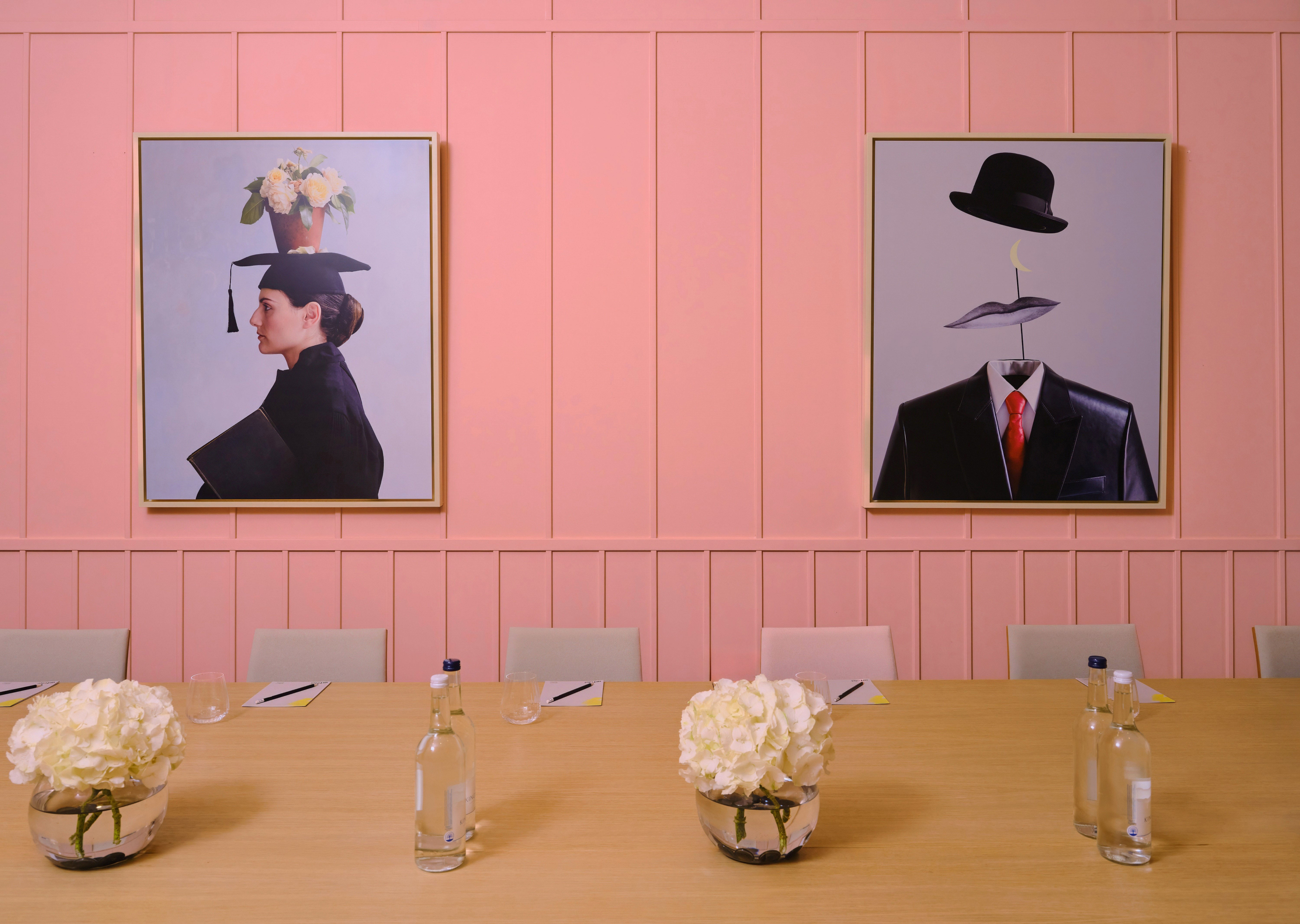 Creative Room 1 at art'otel London: modern pink walls, ideal for meetings and events.