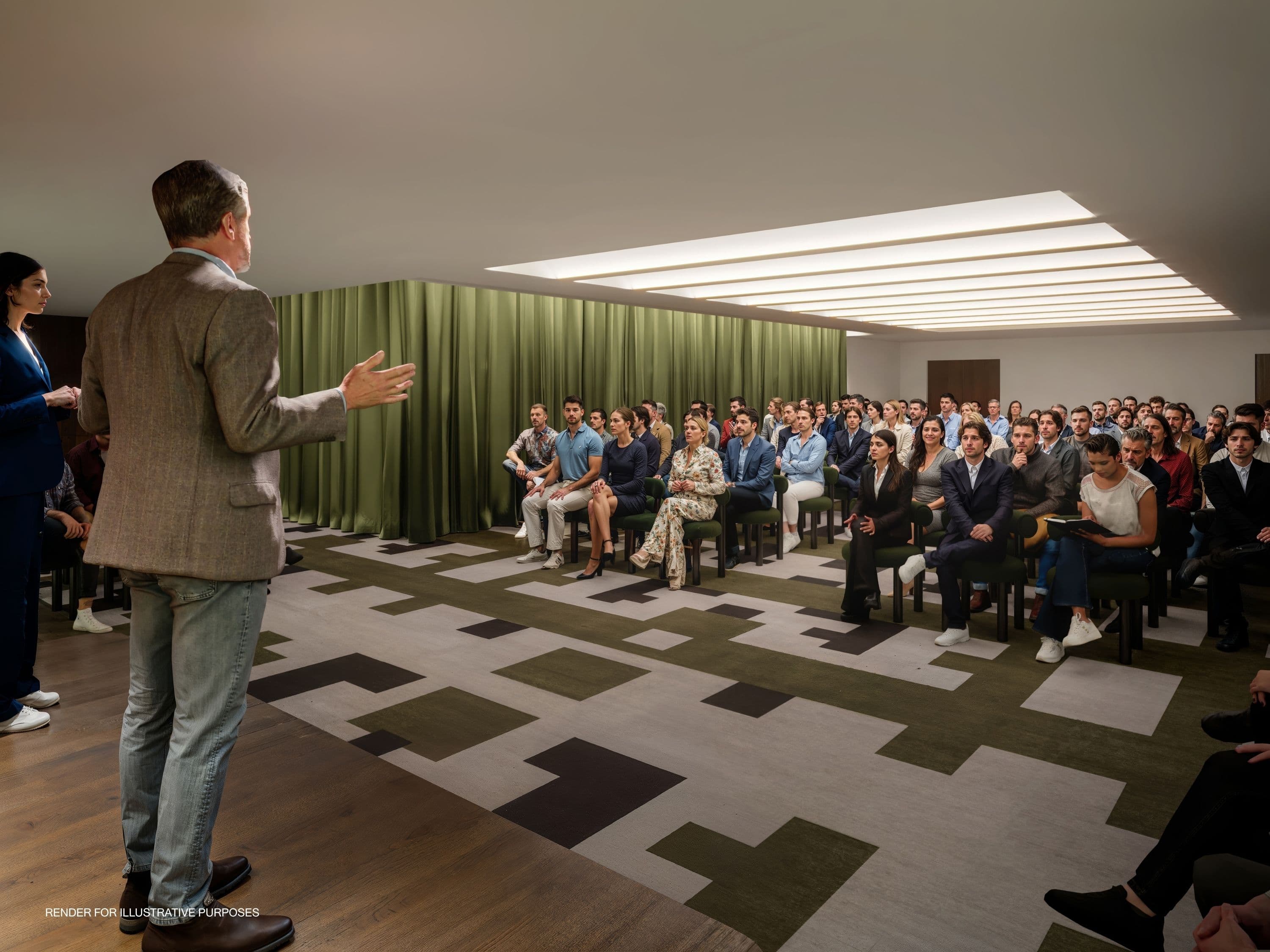 Modern seminar setup in Town Hall Spaces featuring theater-style seating for professional events.