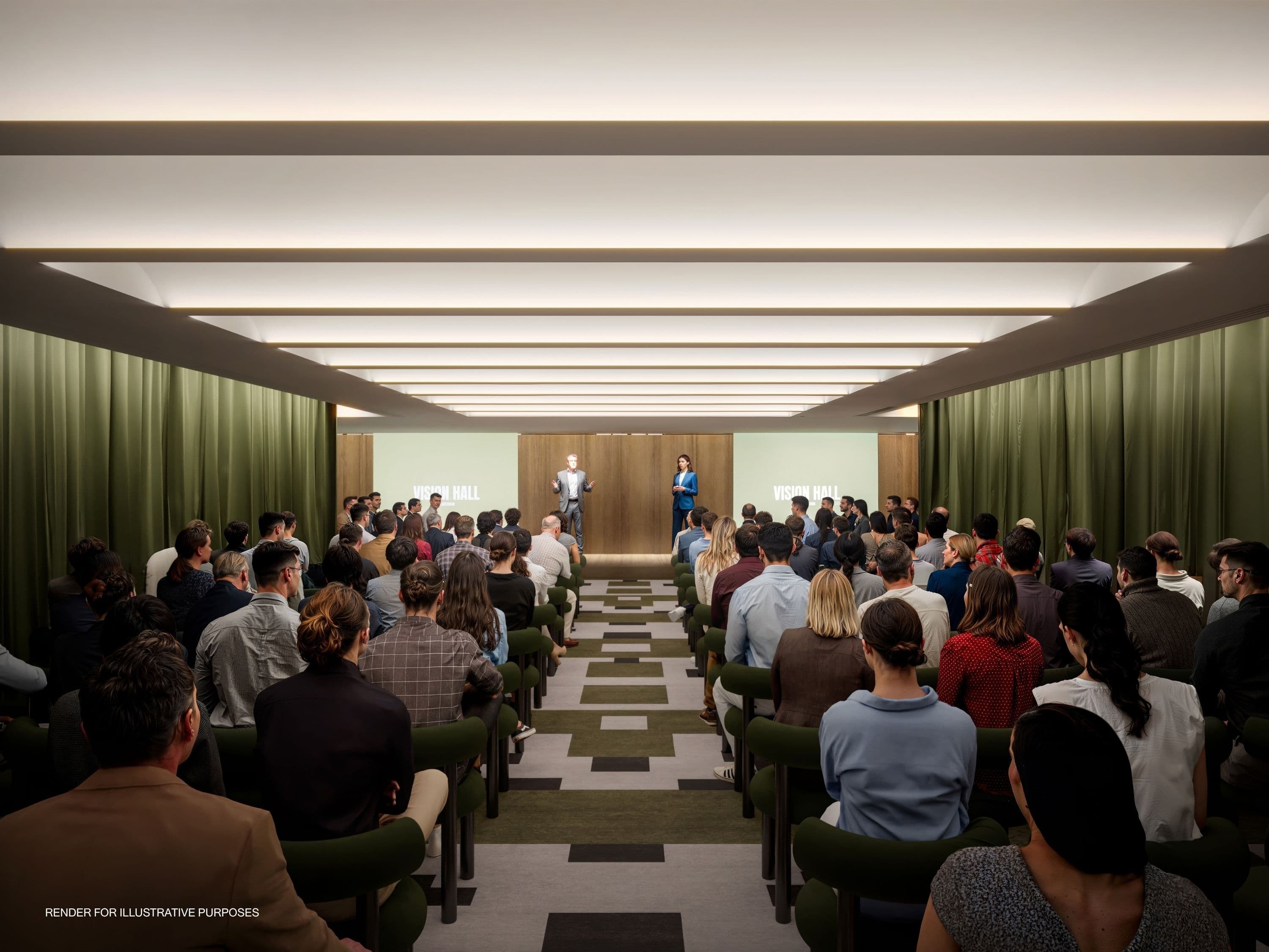 Theater-style executive presentation setup in The Network, Town Hall Spaces for corporate events.