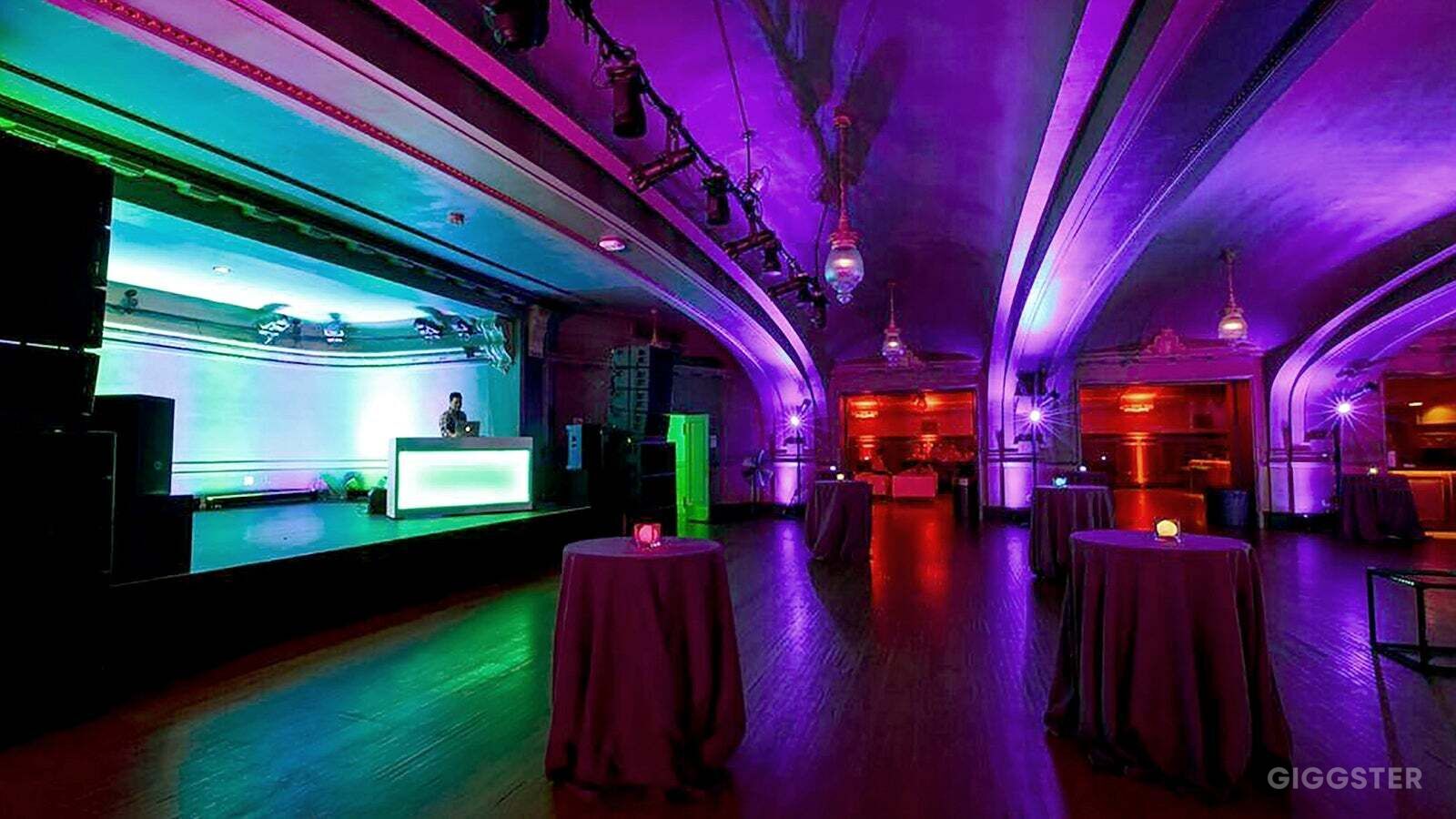Vibrant event space in Social Hall SF with colorful lighting for networking and celebrations.