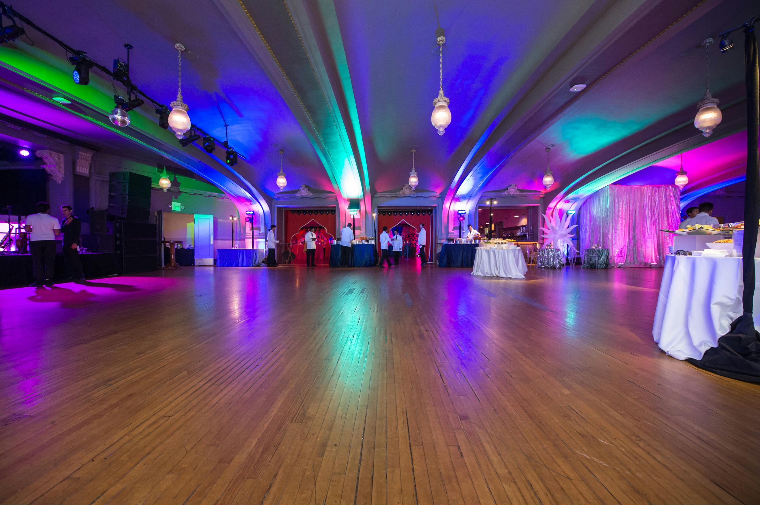 Vibrant event space in Social Hall SF with colorful lighting for celebrations and corporate events.
