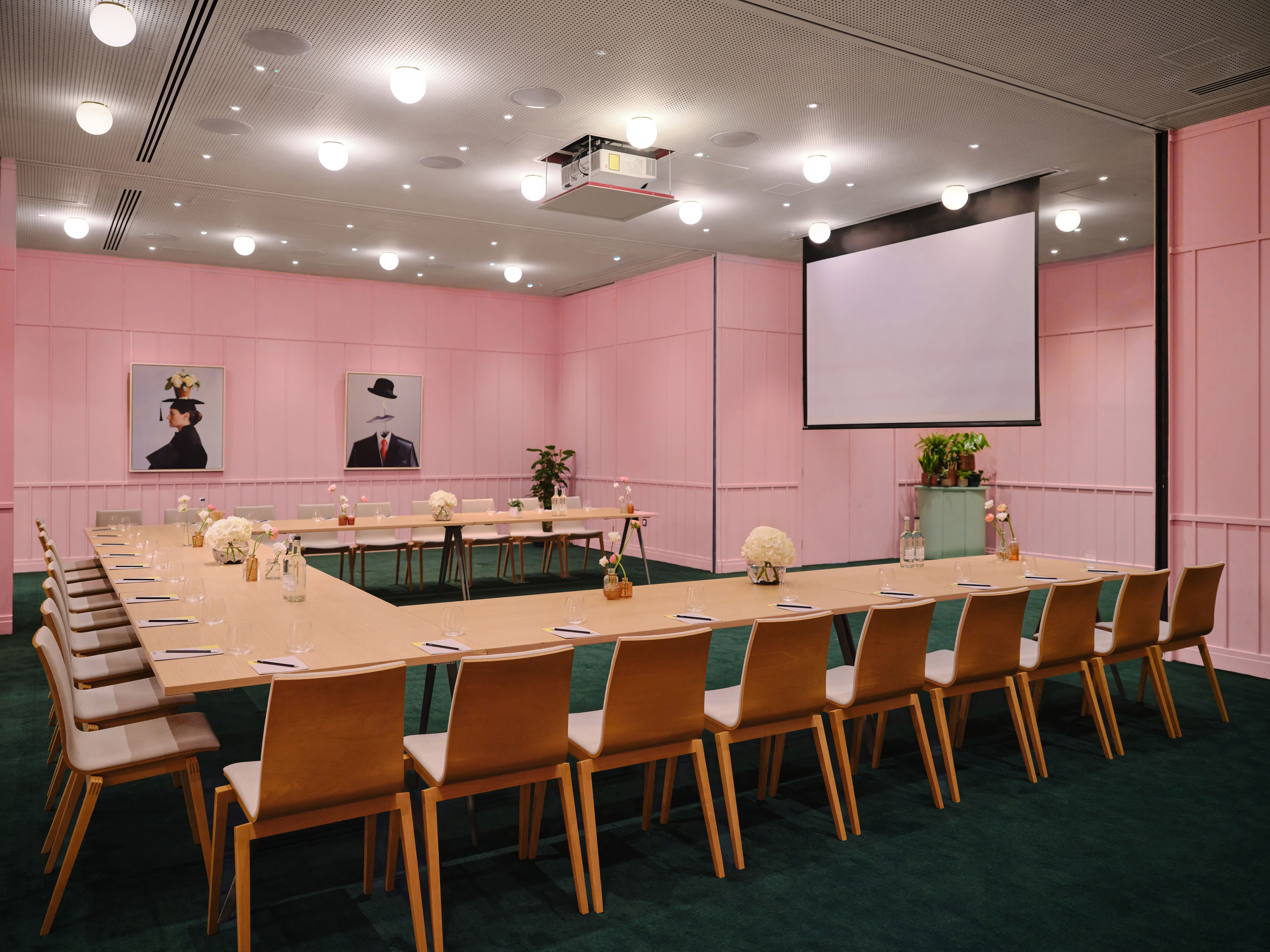Creative Room 1-3 at art'otel London, U-shaped table, ideal for meetings and brainstorming.