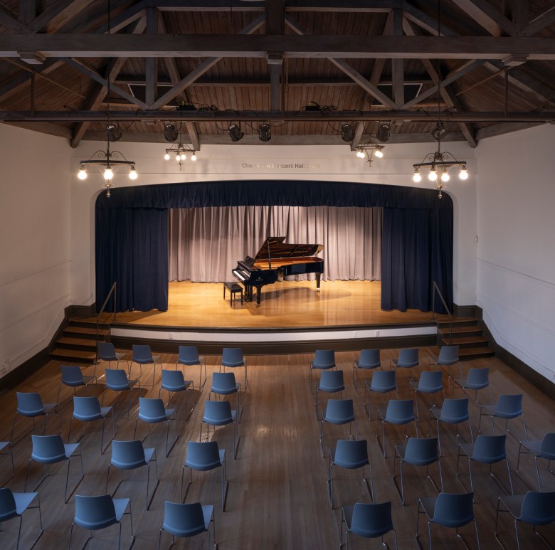 Main Hall at Center for New Music with grand piano, ideal for concerts and recitals.