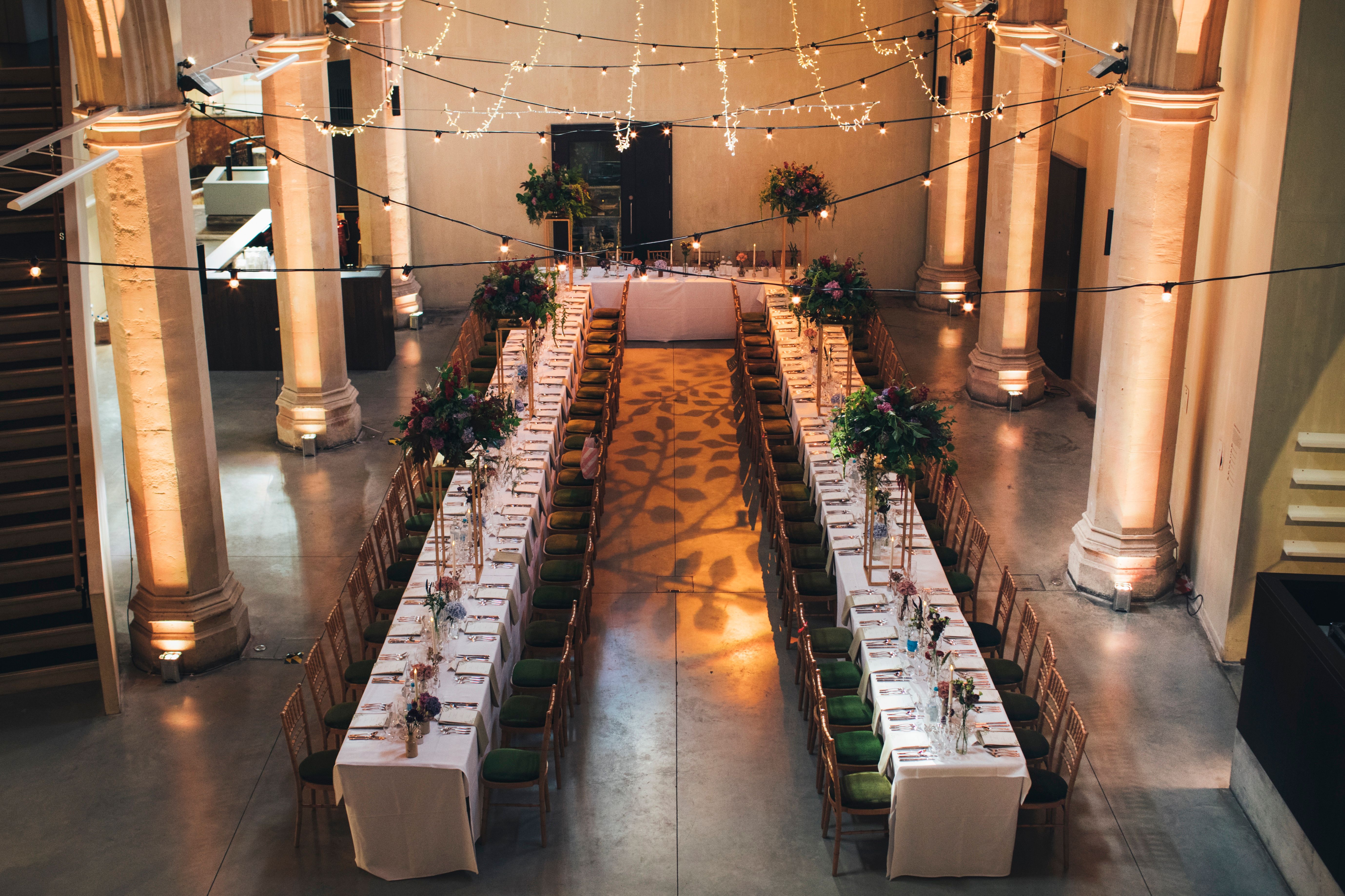 Elegant banquet setup in The Nave, Garden Museum, perfect for weddings and corporate events.