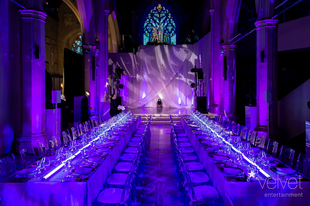 Elegant dining setup in Garden Museum's Nave, perfect for upscale dinners and gala events.