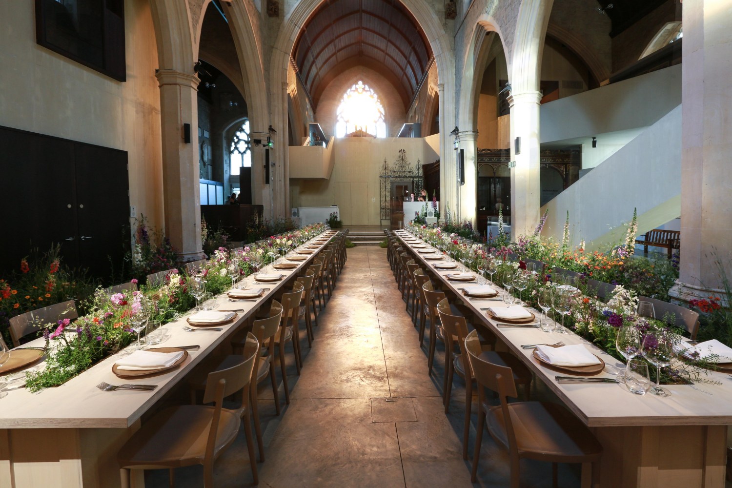 Elegant dining table in The Nave, Garden Museum, perfect for upscale weddings and events.