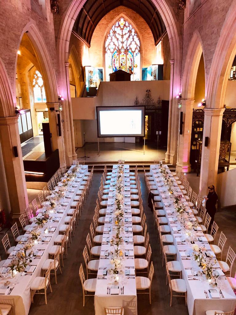 Elegant banquet setup in The Nave, Garden Museum for corporate events and gatherings.