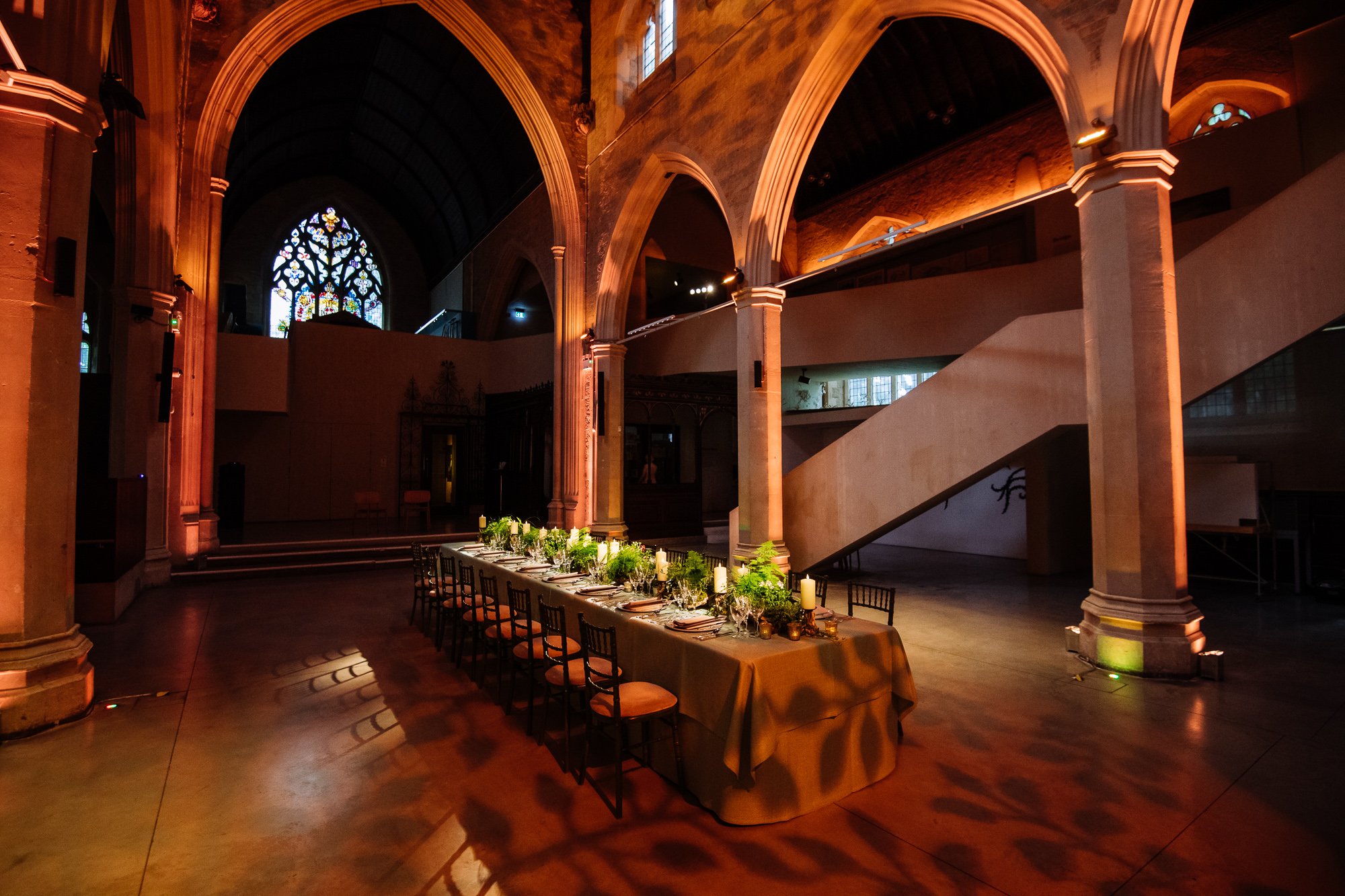 Elegant long dining table in The Nave, Garden Museum for special events and dinners.