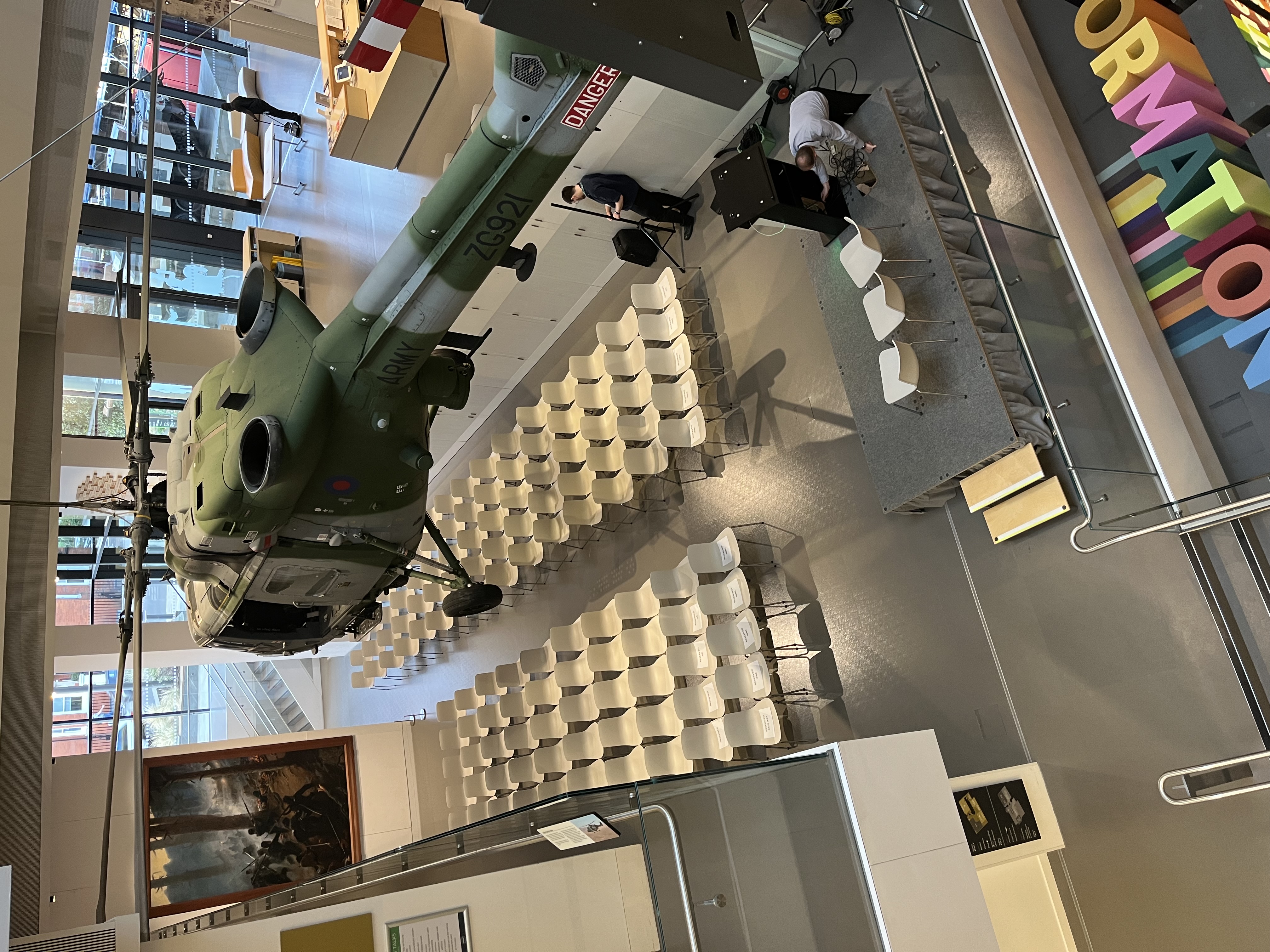 Atrium at National Army Museum with helicopter installation for events and presentations.