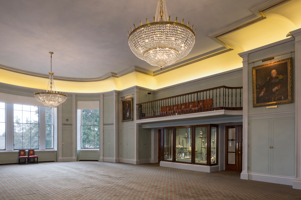 Elegant Trinity House library with high ceilings, ideal for formal events and receptions.