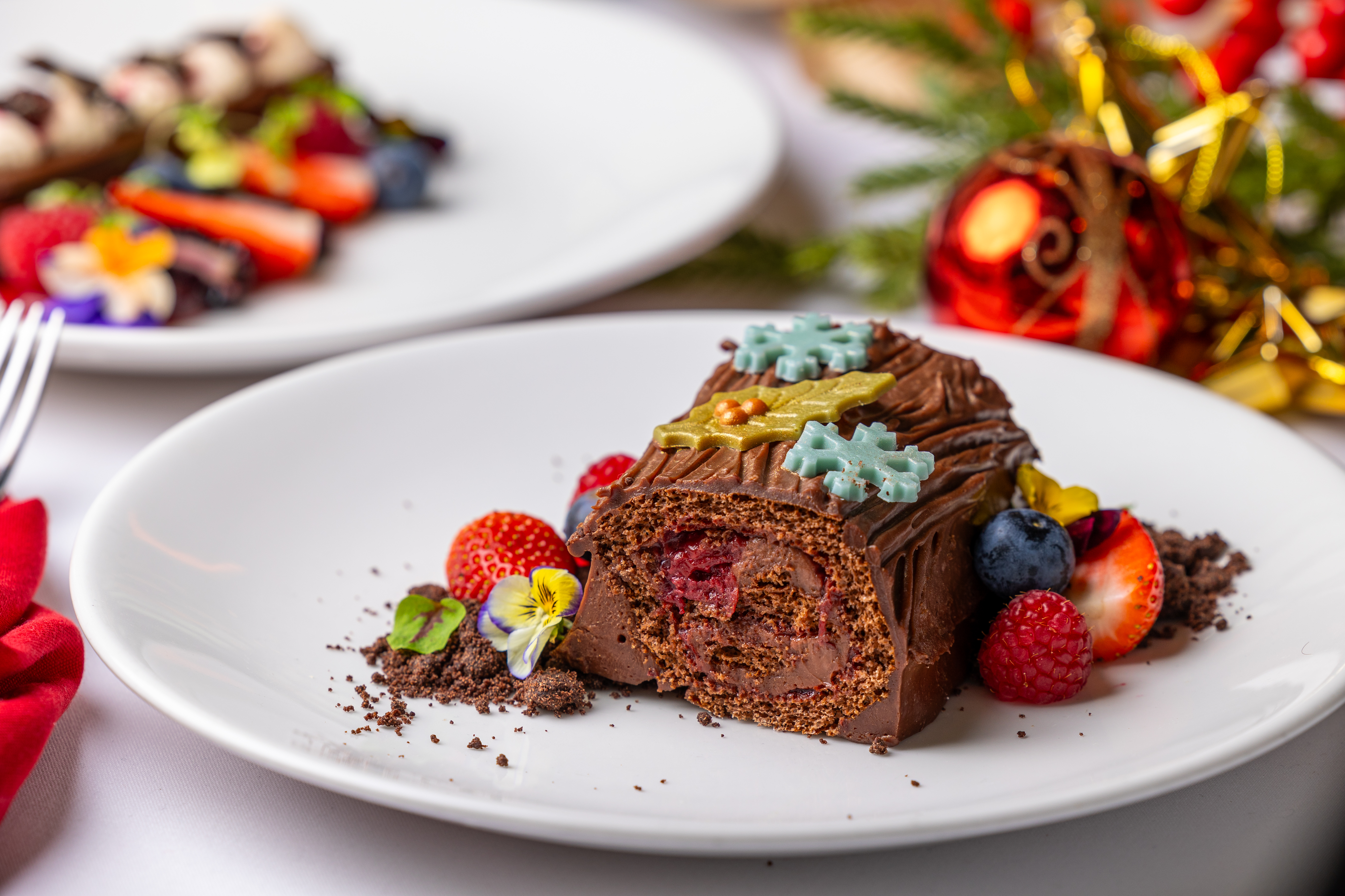 Christmas yule log dessert at Arsenal's Emirates Stadium, perfect for seasonal events.