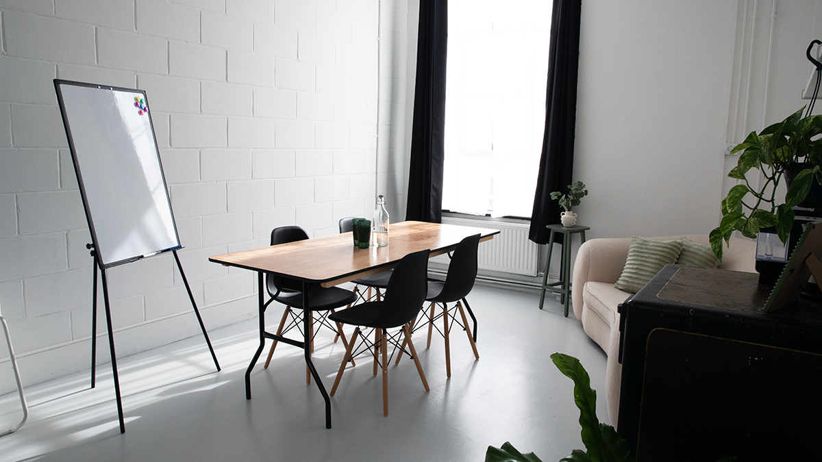 Bijou Room at Klatch Studio: bright minimalist meeting space for brainstorming sessions.