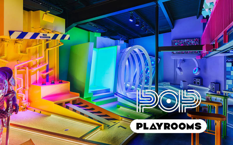 Vibrant B-Side event space with colorful lighting for creative meetings and team-building.
