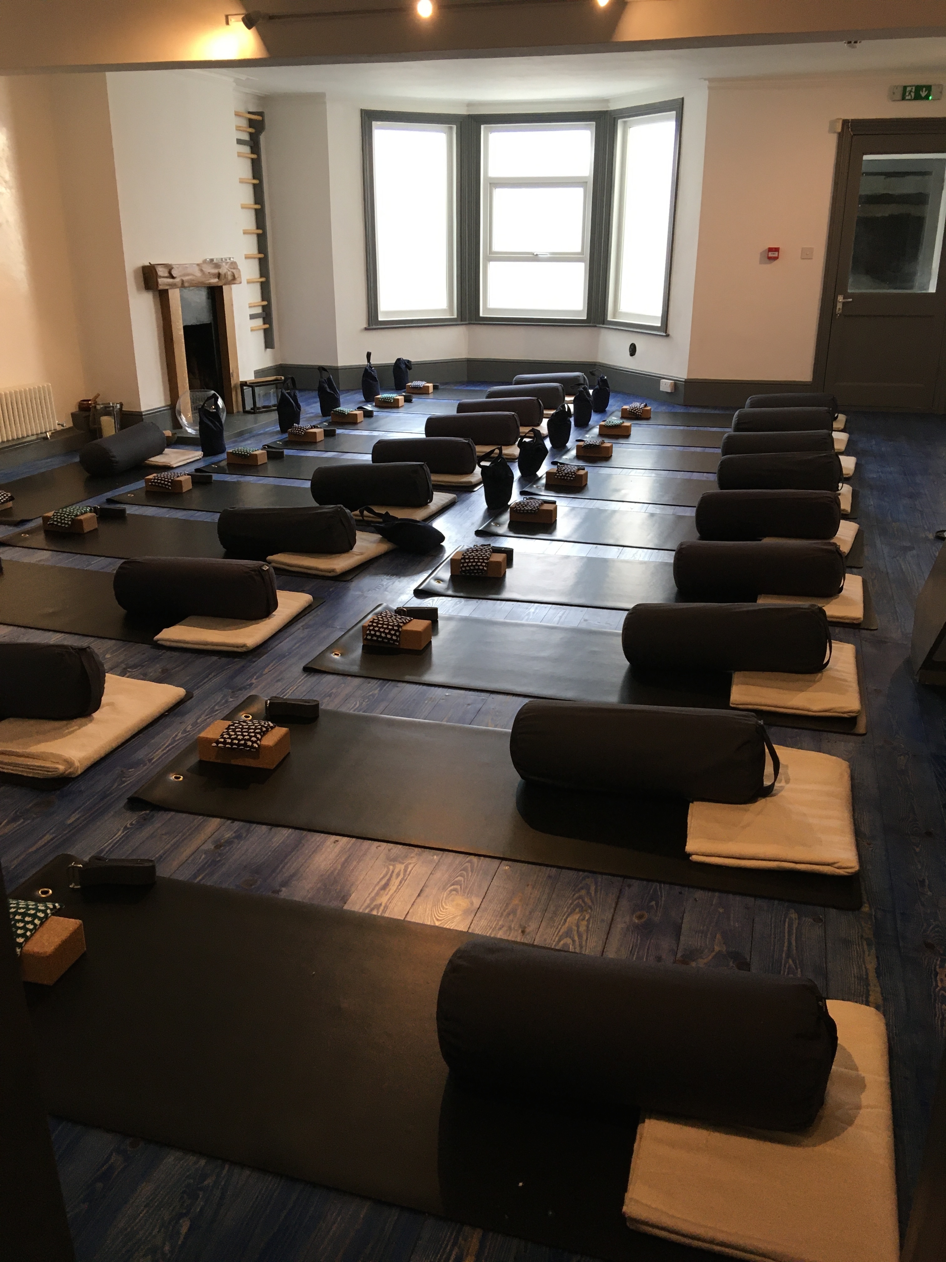 Serene yoga studio with mats for wellness event, ideal for mindfulness and team building.