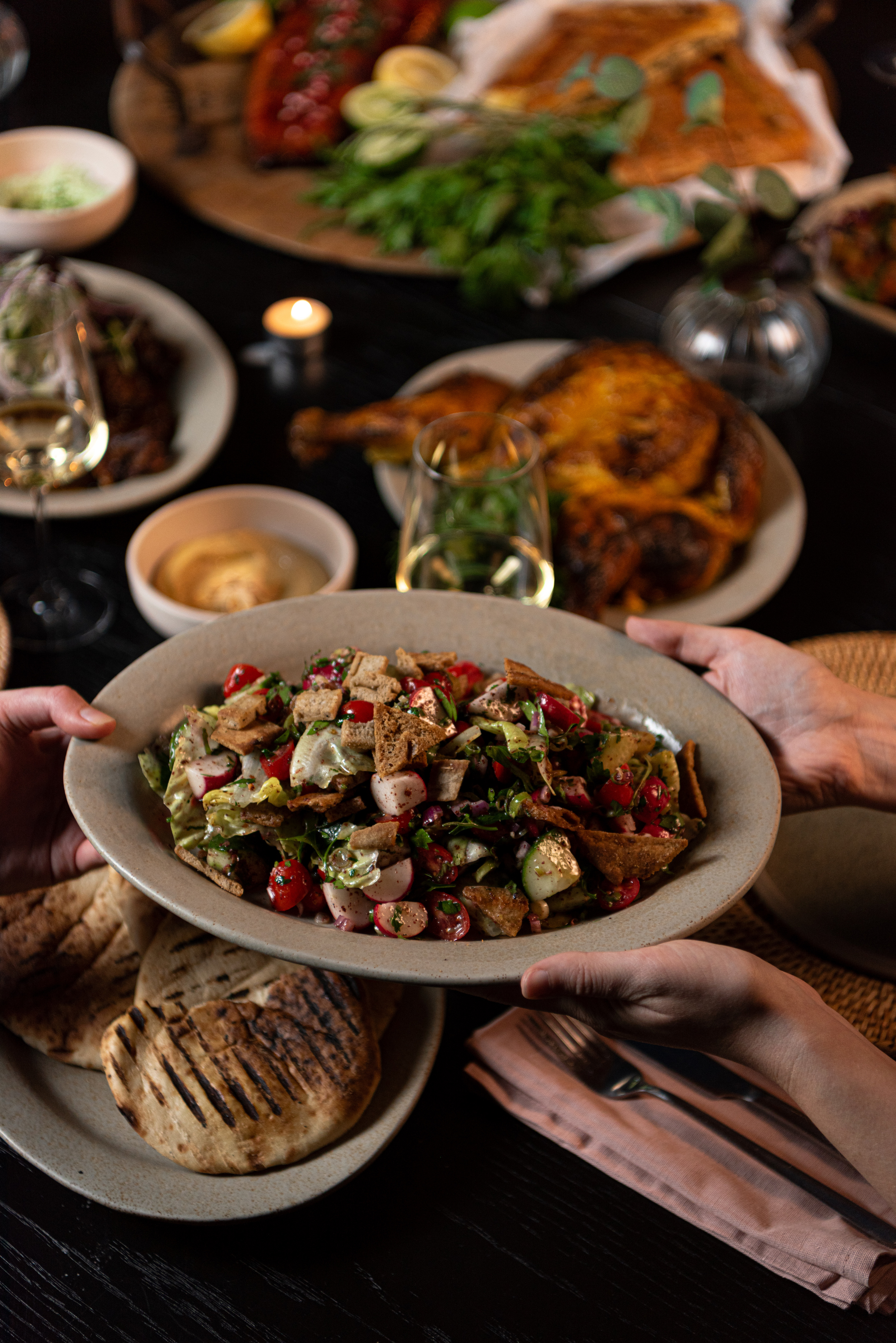Private dining room at EVE Kensington with vibrant salad for event catering.