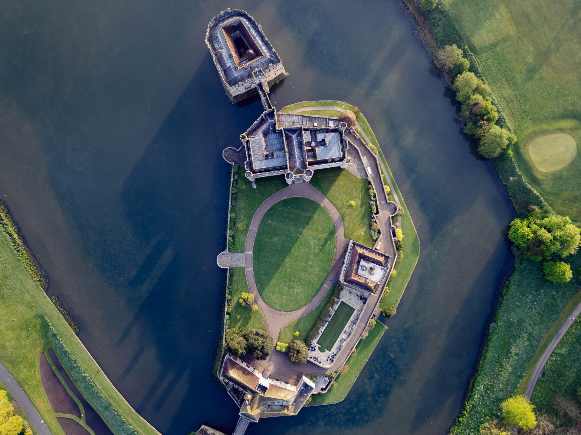 Aerial view of Leeds Castle's Battel Hall, ideal for weddings and corporate events.