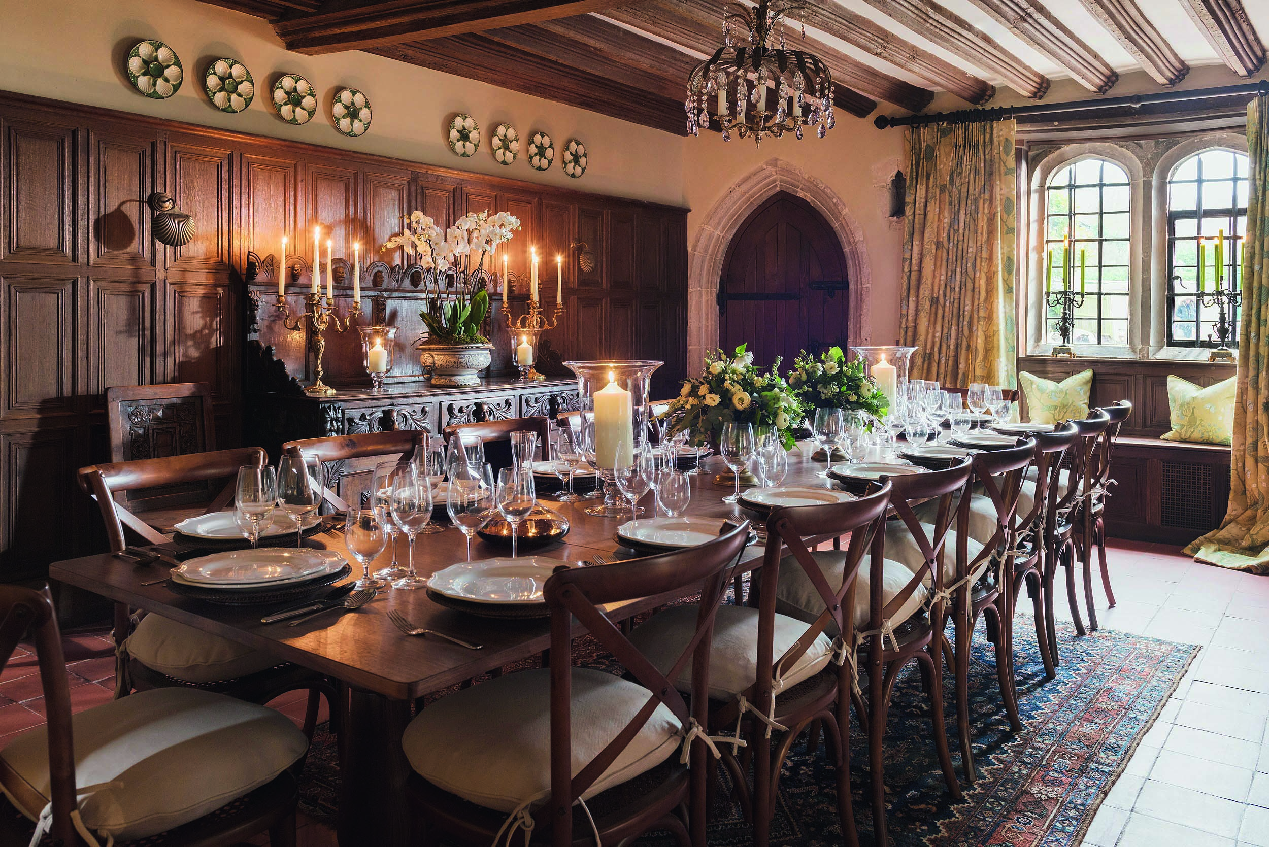 Elegant dining room in Battel Hall, Leeds Castle, ideal for upscale events and gatherings.