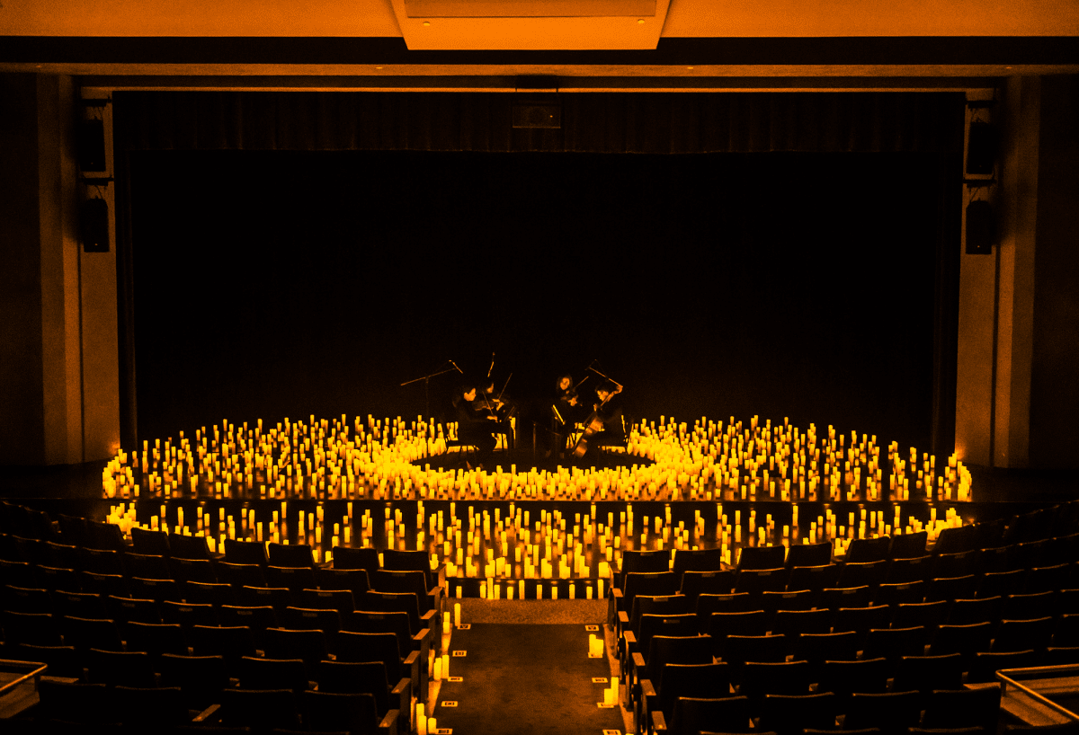 Main Auditorium stage at Adams Avenue Theater, set for intimate concerts and gala dinners.