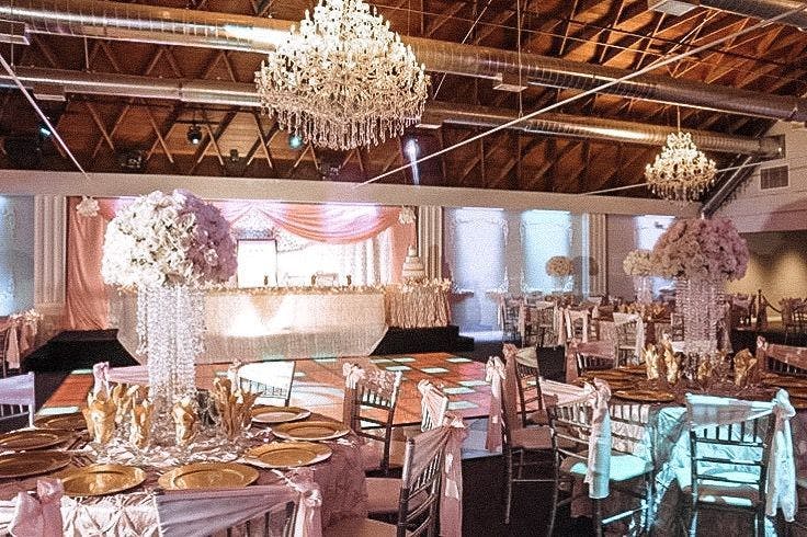 Elegant event space in VASA San Diego with chandeliers, perfect for weddings and corporate events.