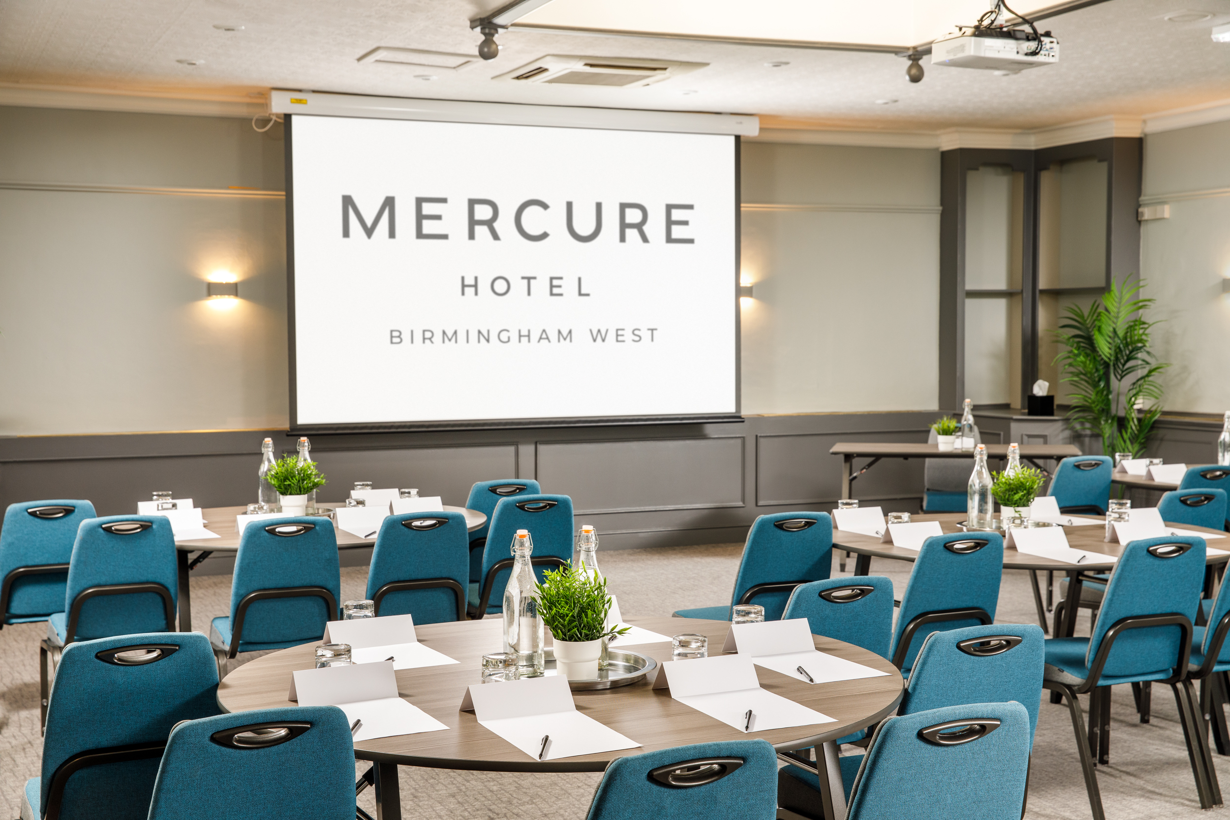 Chase Suite meeting room at Mercure Birmingham West, featuring round tables and modern decor.